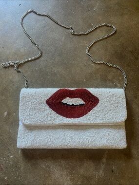 Beaded White Clutch with Red Lip Motif